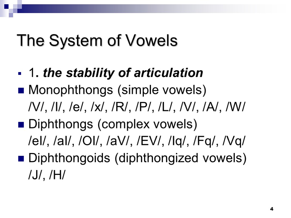 4 The System of Vowels 1. the stability of articulation Monophthongs (simple vowels) /V/,